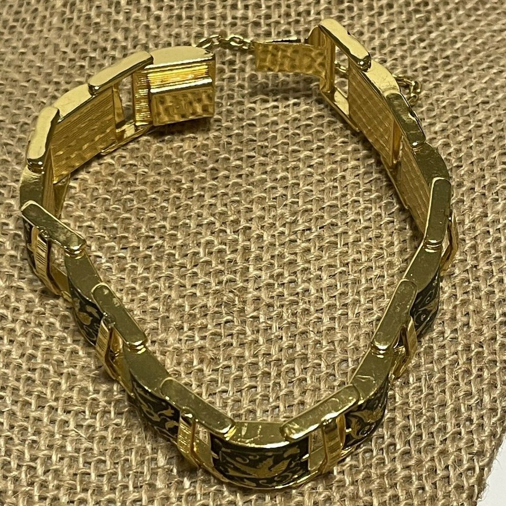 Black & Gold Damascene Enamel Bracelet Flowers Birds 10 Panels Safety Chain GP - Picture 2 of 8